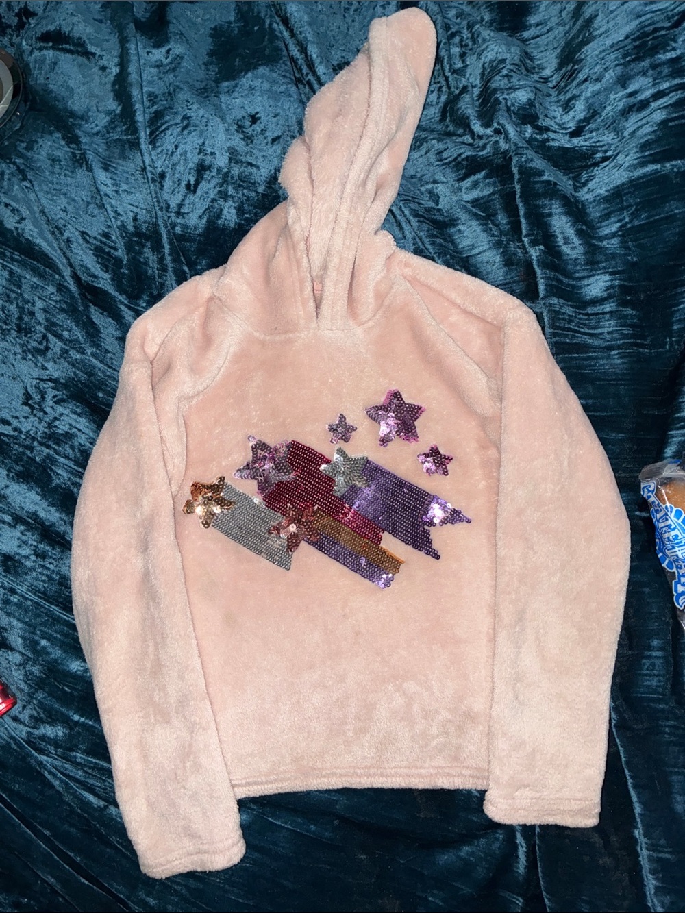 BCBGirls Plush Hooded Pullover with Sequin Star Motif - Light Pink